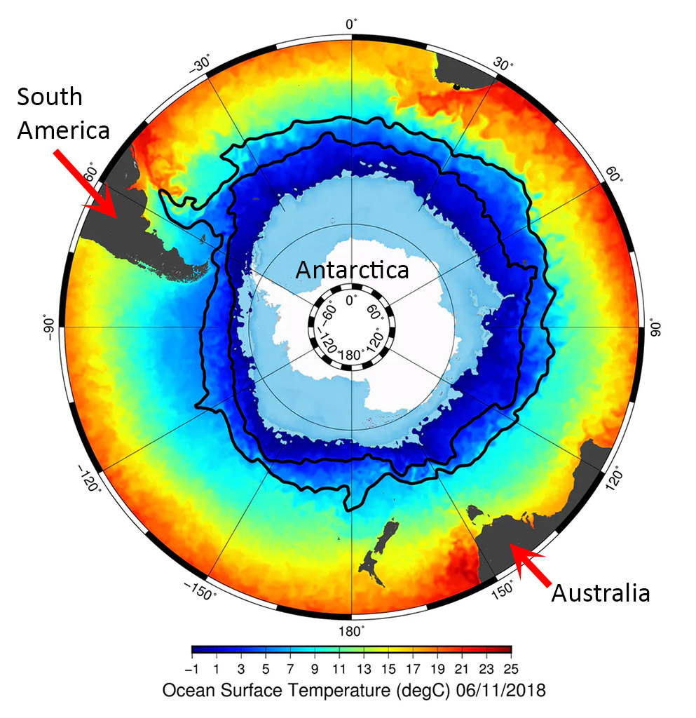 Fig. 2: Satellite view over Antarctica reveals a frozen continent surrounded by icy waters. The sea ice extent is in light blue. Moving northward, away from Antarctica, the water temperatures rise slowly at first and then rapidly across a sharp gradient. The Antarctic Circumpolar Current (ACC) maintains this boundary. The two black lines indicate the long-term position of the southern and northern front of the ACC. (Image: The Conversation)
