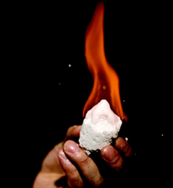 Fig. 5: Methane clathrate or hydrate is, like all fossil fuels, highly flammable. (Image: NASA GISS)