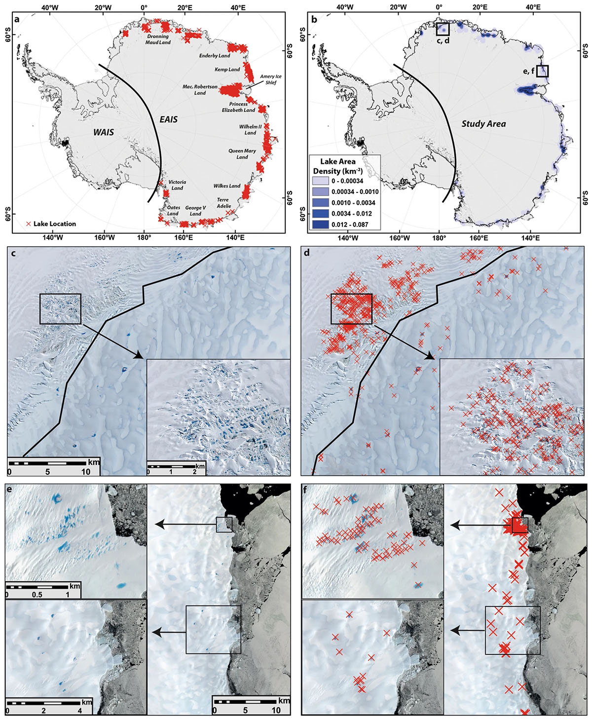 Fig. 5:  "Location and density of supraglacial lakes (SGLs) in East Antarctica, alongside examples. (a) Location of 65,459 mapped lakes that appeared on imagery from January 2017, each marked by a red cross. (b) Lake density map showing the cumulative area of SGLs within 1 km2 cells using a 50 km search radius. (c,d) Sentinel 2A satellite image (12th Jan 2017) of the high density of lakes on the Jutulstraumen Glacier, Dronning Maud Land. Note that lakes have developed above and beyond the grounding line (thick black line), but there is a clustering of lakes 5–10 km down-ice from the grounding line. (e,f) Sentinel 2A satellite image (27th Jan 2017) of clusters of lakes towards the ice sheet margin in Kemp Land." (Stokes et al., click on the image to  see the full report).