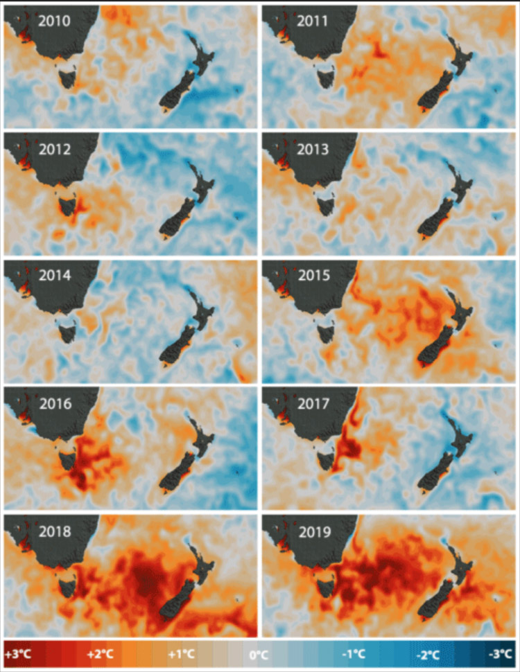 Fig. 2: Changes in ocean temperatures around New Zealand 2010 - 2019 (Image: NIWA). Warmer oceans means there's more water vapour over the water. And warmer air can carry more moisture. This powers tropical cyclones, so they may reach New Zealand more often, bringing greater risks of destructive winds and flooding.