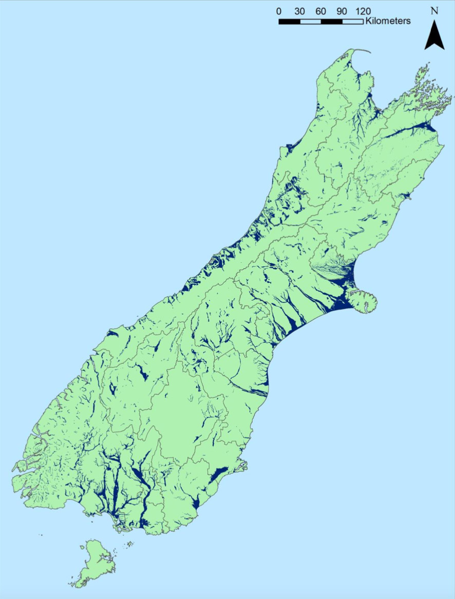 Fig. 4: South Island Flood Hazard Area (dark blue) (Image: NIWA).