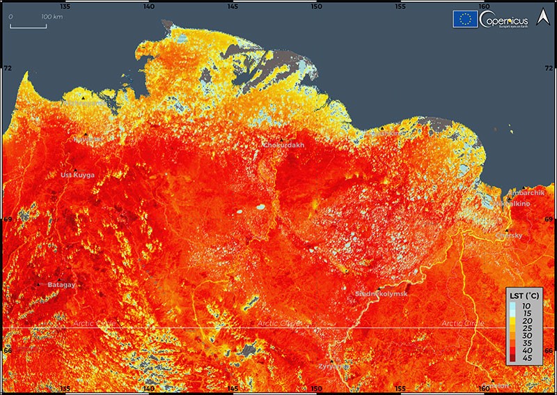 Fig. 2: "Parts of the Russian Arctic are experienceing record-breaking high temperatures in summer. This heat map — produced using data from a European Sentinel-3 satellite — shows air temperatures of up to 45°C in some places on 19 June 2020. The heat has been linked to thawing permafrost, widespread wildfires, and swarms of tree-eating moths." (Image: European Union, Copernicus Sentinel-3)