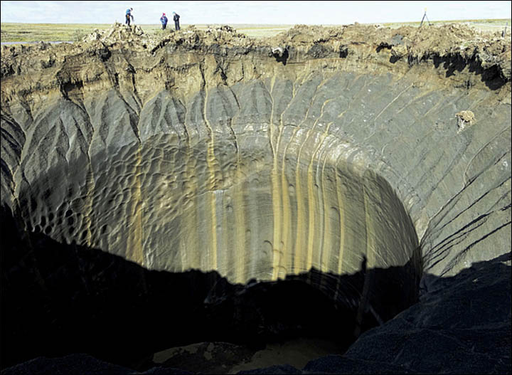 Fig. 7: Methane eruptions produce craters or 'pingoes'. These were uncommon until 2015 (Image: Prof. Vasily Bogoyavlensky / Siberian Times)