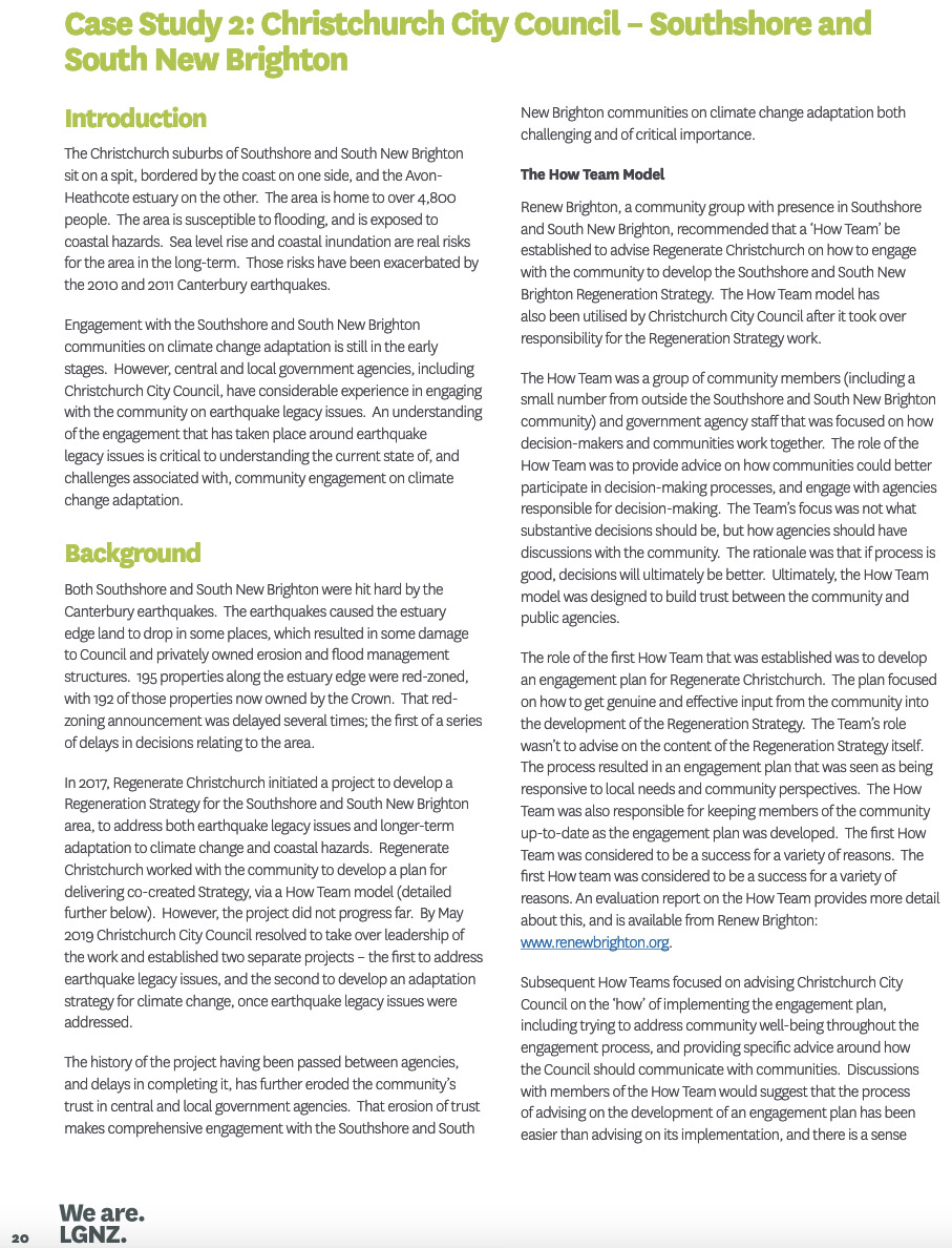 Fig. 5: Local Government New Zealand report 'Community engagement on climate change adaptation' includes a case study on Southshore and South New Brighton. Click on the image to download the full report.