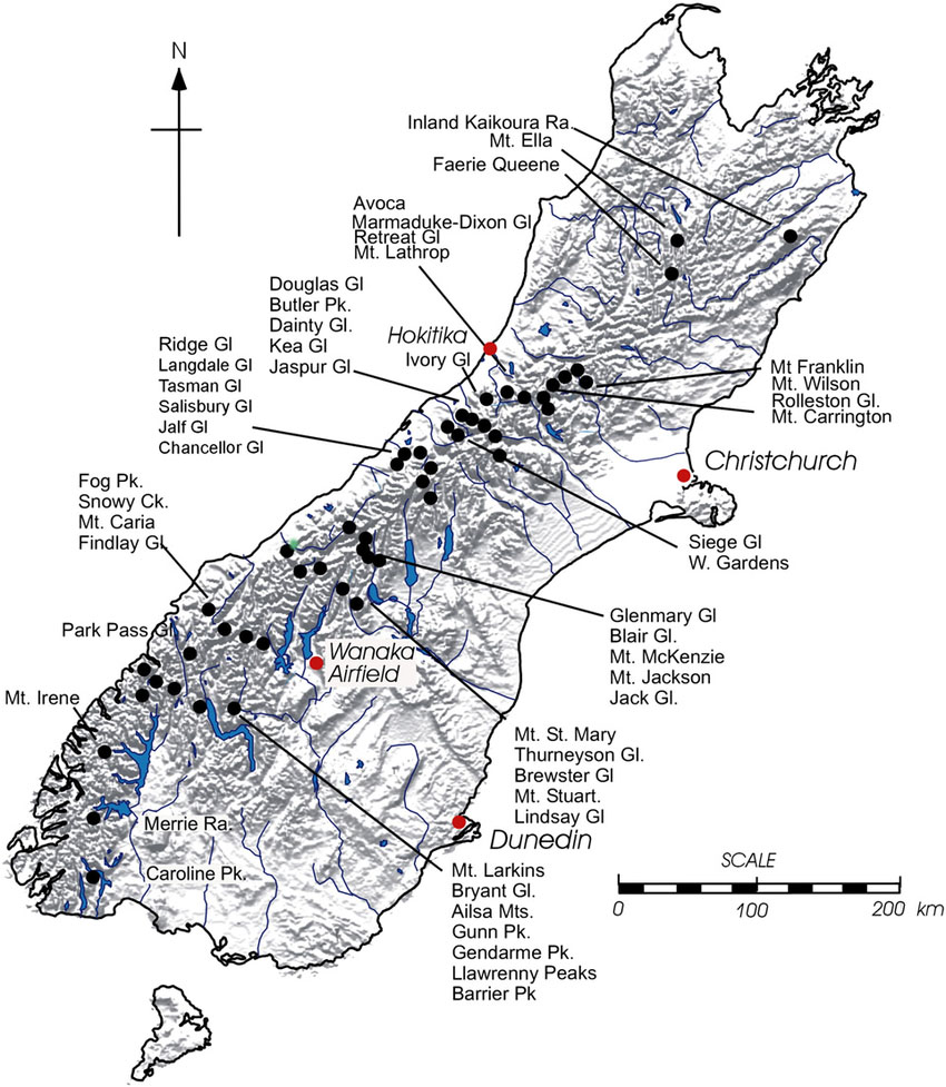 Fig. 2: The main glaciers in the South Island (Image: Chinn et al.)