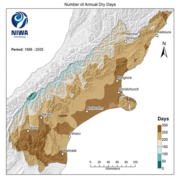 Fig. 5: Modelled annual number of dry days average 1986-2005. Results are based on dynamical downscaled projections using NIWA's Regional Climate Model. Resolution of projection is 5km x 5km. (Image: NIWA)