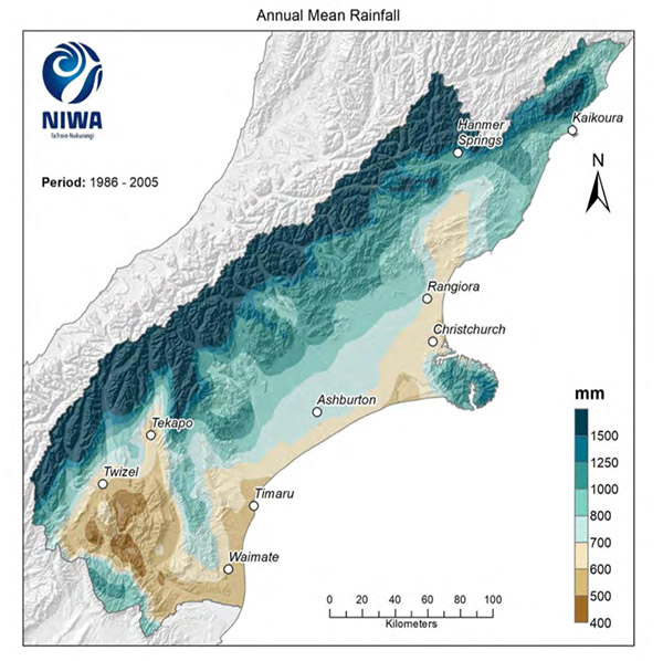 Fig. 4: Modelled annual mean rainfall average 1986-2005. Results are based on dynamical downscaled projections using NIWA's Regional Climate Model. Resolution of projection is 5km x 5km. (Image: NIWA)