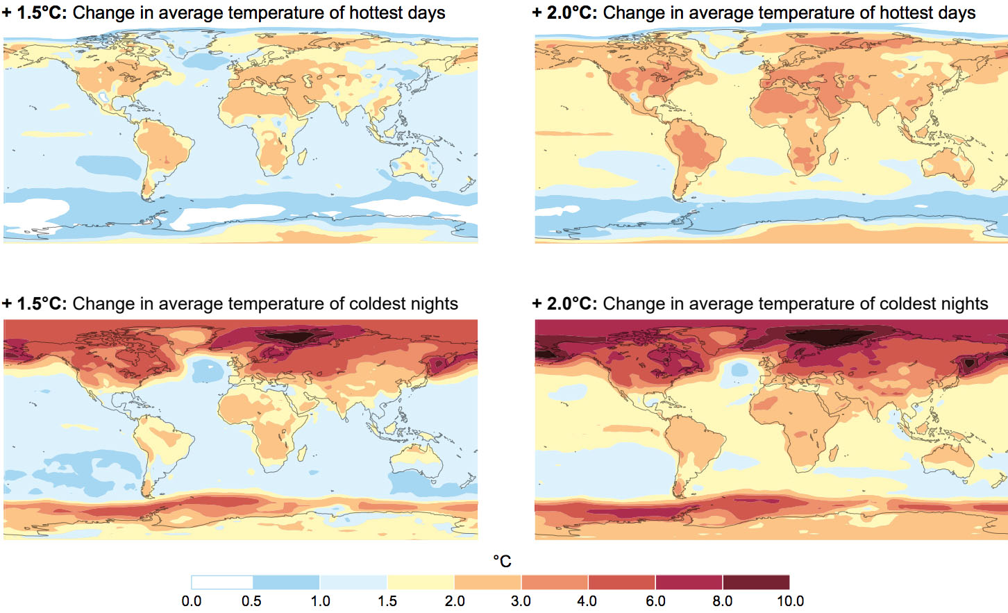 Fig. 4: Projected extremes for a rise of 1.5°C (left) and 2°C (right). (Image: NASA)