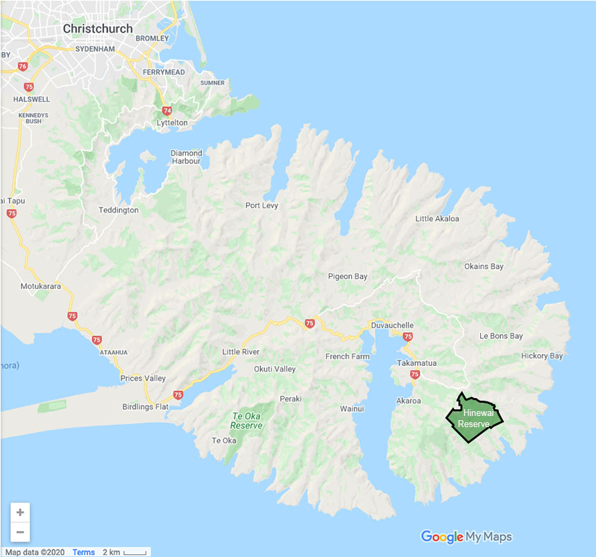 Fig. 1: Hinewai Reserve on Banks Peninsula just south of Christchurch (Image: Google Maps). The recent (May 2020) purchase of 37 hectares has extended the area to the coast at Stony Bay.