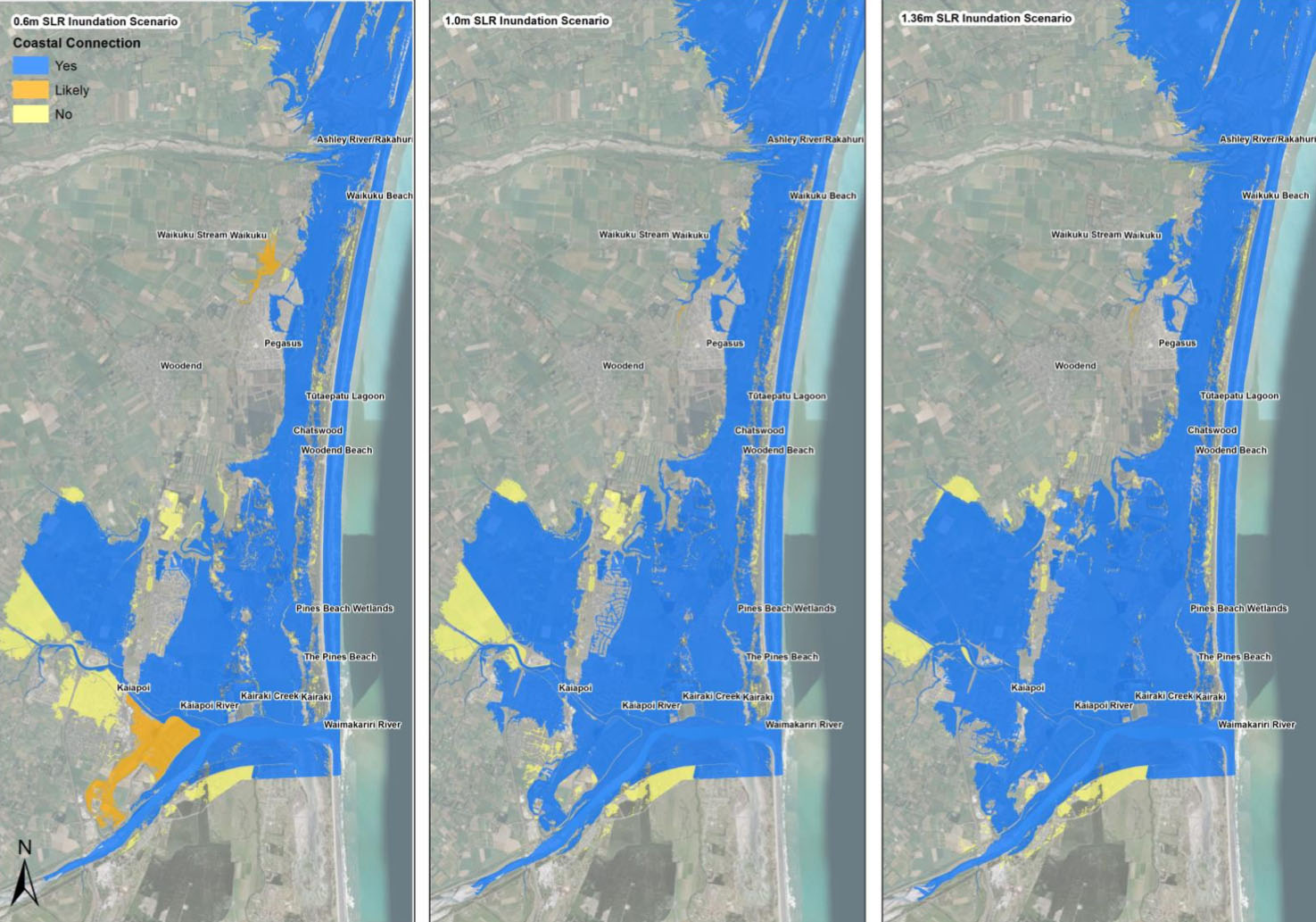 Fig. 4: A ‘bathtub’ snapshot (ie, assuming no coastal erosion) of the effect of rising sea levels and flooding along a section of Pegasus Bay north of Ōtautahi Christchurch. Sea levels are expected to reach at from 0.6m (left image) to 1.36m this century. The speed and impacts will depend on how soon we stop emitting greenhouse gasses, how quickly ice caps melt, if we can drawdown the excess already in the atmosphere, and how much we can restore coastal ecosystems that once acted as a buffer to rising seas.  Note: this ‘bathtub’ image of rising sea levels doesn’t factor in what might happen to sand on steep and unstable dunes. If the sediment in them is eroded by wind and waves and deposited inland, it will temporarily raise the height of low-lying wetlands behind. If they're not eroded (unlikely as they're highly unstable), then the dunes will become barrier islands as per the images above (Image: Waimakariri District Plan Review-Natural Hazards p 60). Also note that these figures DO NOT take into consideration that the coastal area is dropping almost as fast as sea levels are rising, meaning the effects of SLR will be felt much sooner than anticipated in this report. See the link to the October 2023 GNS study below.