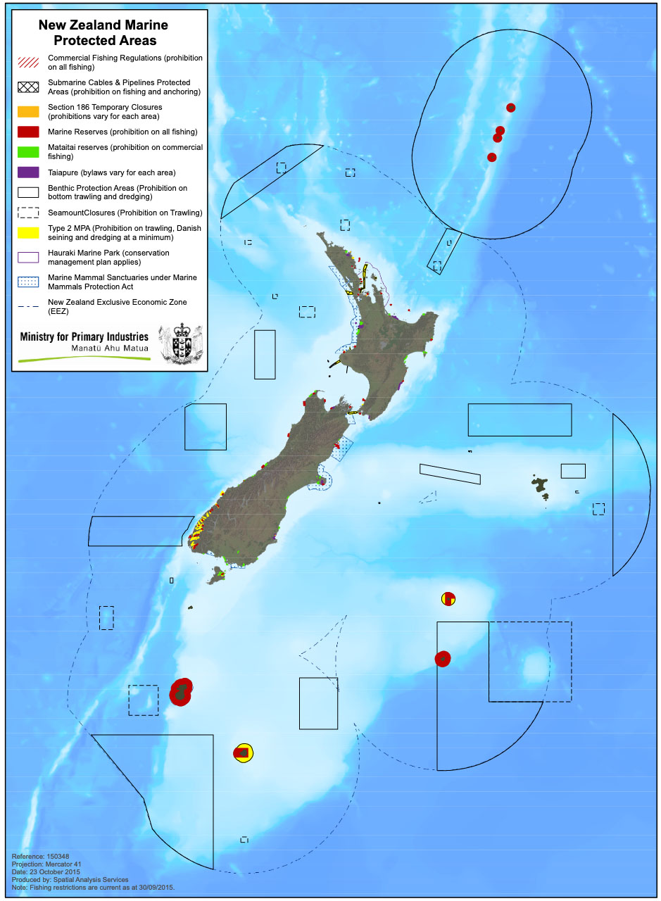 Fig. 3: Marine Protected Areas around New Zealand (this is currently under review) (Image: MPI).