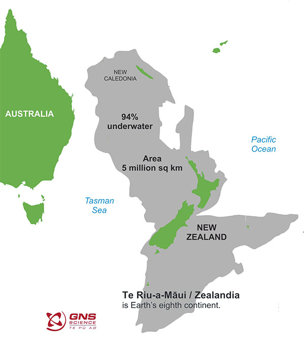 Fig.1: The lost continent of Zealandia (grey) still beneath the ocean.
