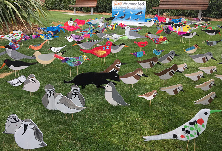 Fig. 7: The children's creations joined other members of 'The Flock' at Christchurch airport, to showcase the arrival of the birds.