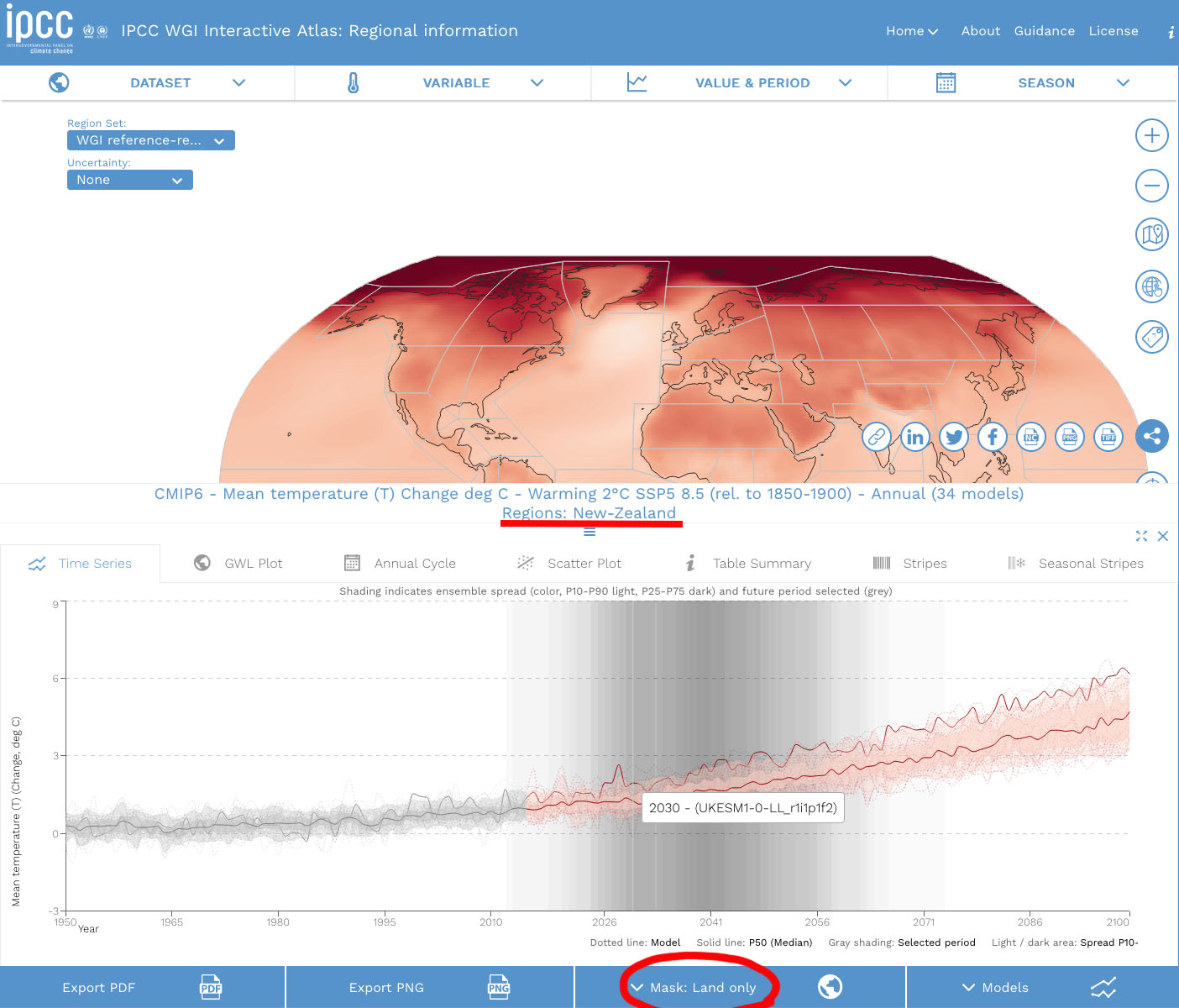 Fig. 5: To see an interactive map, click on the image. This will take you to the IPCC website. This screengrab is an example of how you can enter specific information for regions (in this example, New Zealand/ land only) and check the projected temperature changes over time, based on different models and pathways.