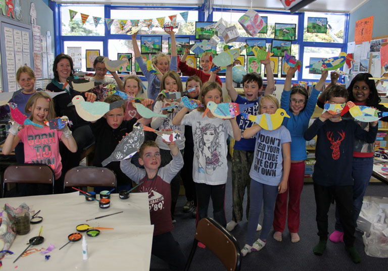 Fig. 6: Children from Windwhistle School created a ' Flock' of braided river birds to showcase the annual arrival of the birds to nest on braided rivers. (Image with permission).