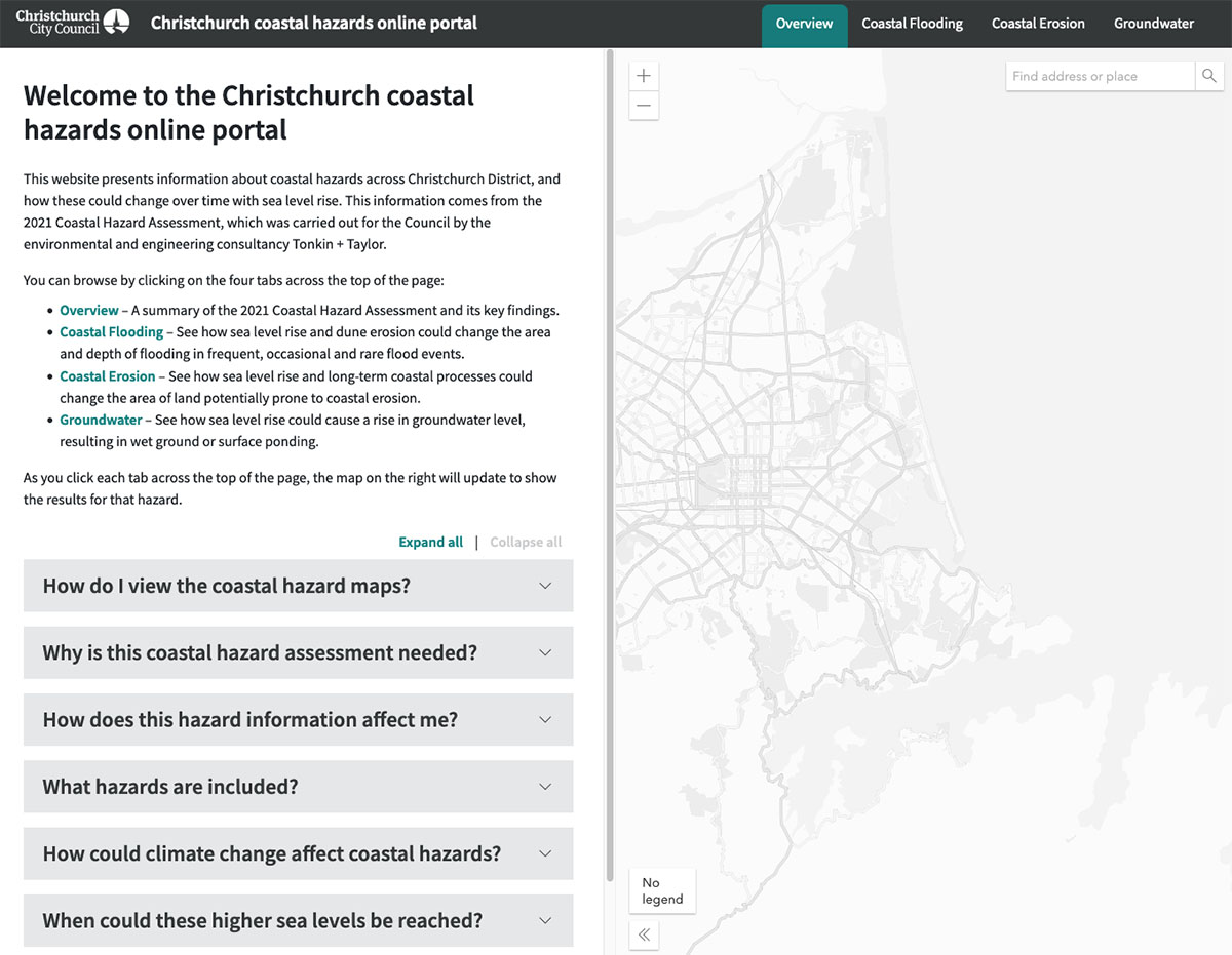 Fig. 6:  Click in the map to be taken to the Christchurch City Council coastal hazards zone property search.