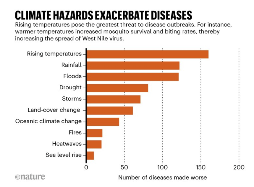 Fig 1: Heatwaves, droughts, floods and storms push up the number of cases, make diseases more severe and hamper people’s ability to cope. Image: Mora, C. et al.