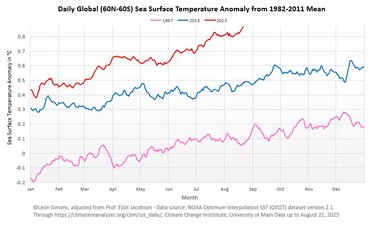 Fig. 3: The pink and blue line shows the sea surface temperatures during the 1997 and 2015 El Niño years. By late August 2023, a new El Niño began at a time when sea surface temperatures were already at the highest ever recorded (red line).(Image: NOAA)