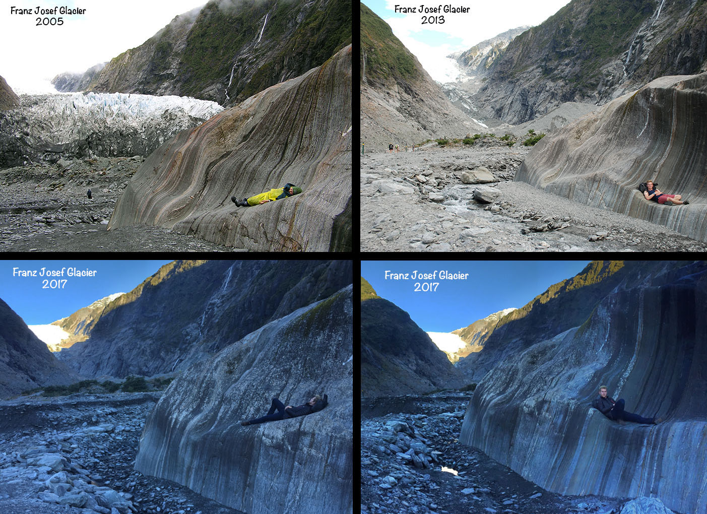 Fig. 3: Receding Franz Josef glacier terminus 2005-2017. In 2005 my son (pictured throughout) was 9 years old. Image: Sonny Whitelaw